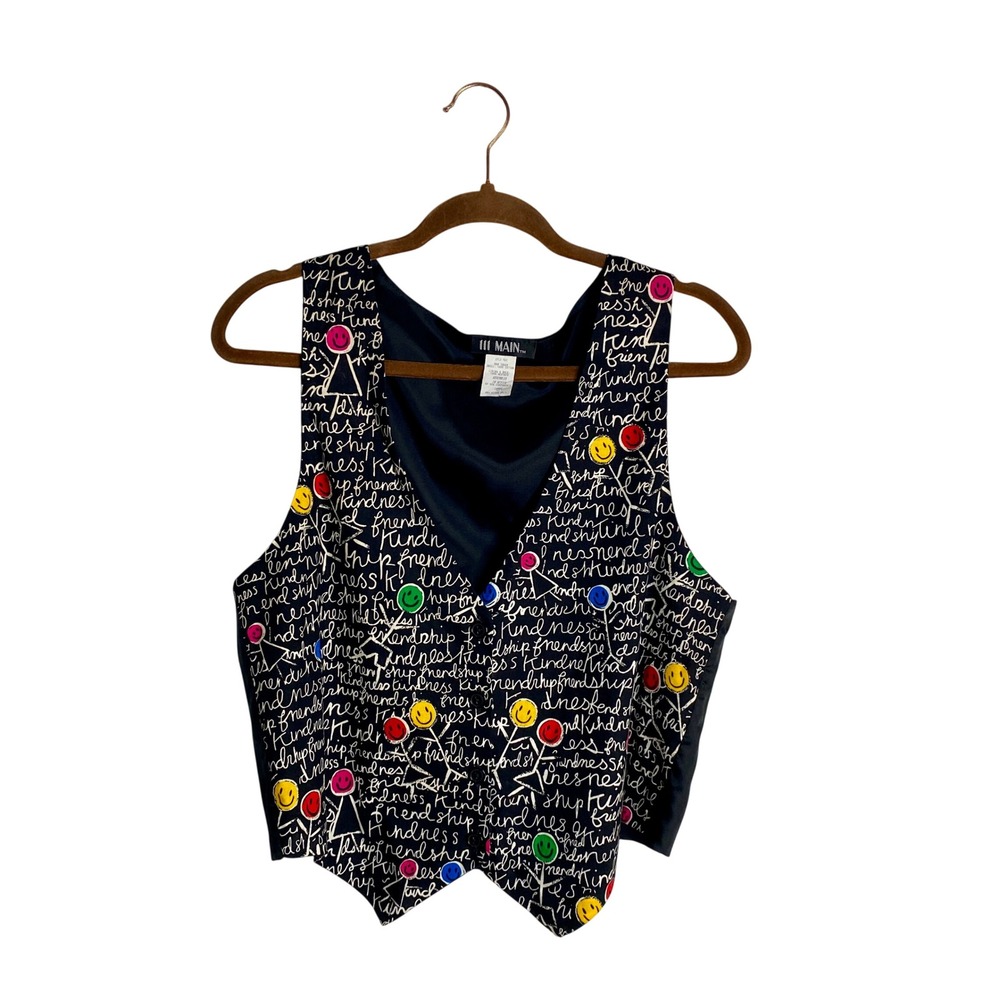 111 Main Vintage Smiley Face Print Vest Y2K Indie Whimsigoth Grunge